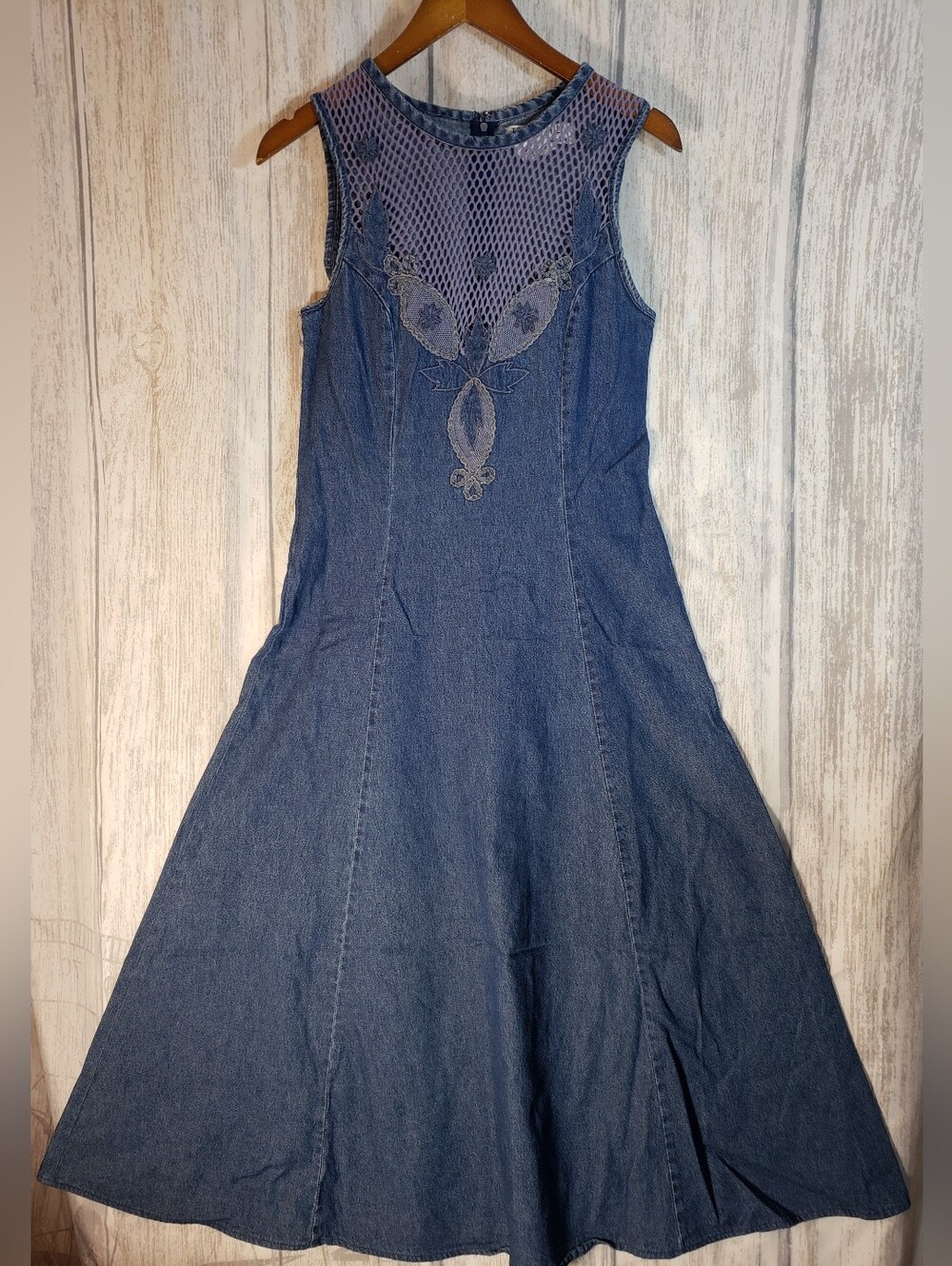 Vtg Tower Hill Collection Denim BoFit & Flare Dress Mesh Yoke Embroidered Size 8